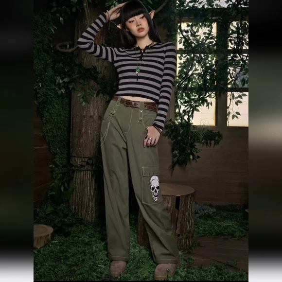 Romwe Fairycore Skull Print Green Wide Leg Cargo Pants - Picture 3 of 10